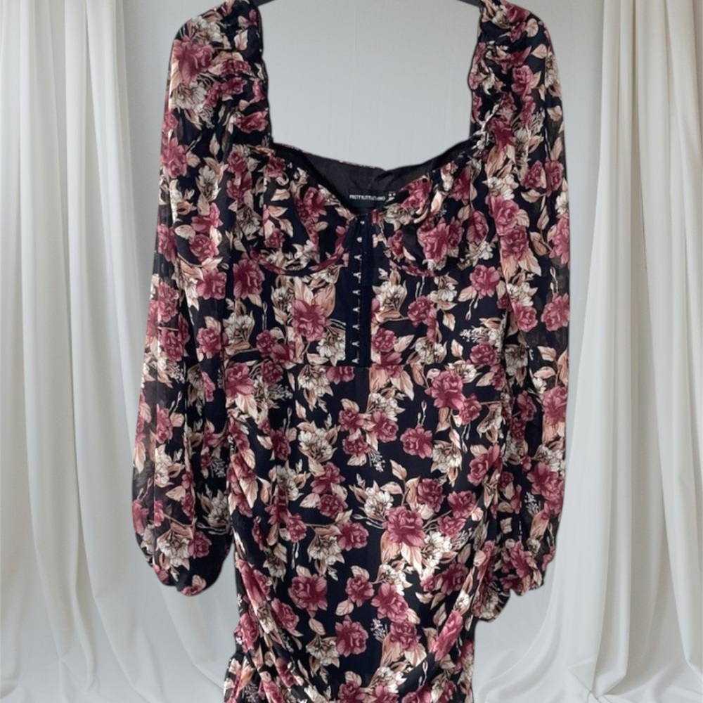 PrettyLittleThing Black Dress with Pink Floral Design